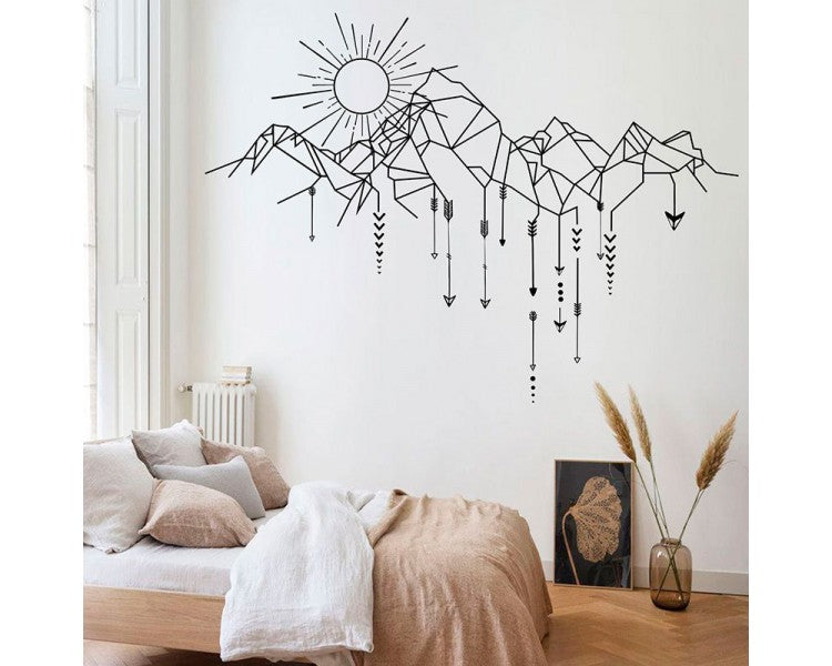 Geometric Mountain Sunrise Bedroom Wall Decal – Bohemian Nature Vinyl Art Sticker