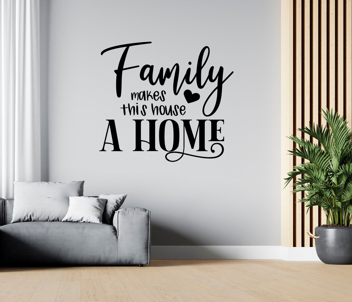 Family Makes This House A Home Living Room Wall Decal – Bold Script Vinyl Quote Sticker