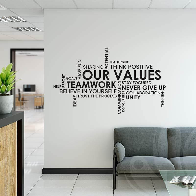 Our Values Teamwork Office Wall Decal – Motivational Word Cloud Vinyl Sticker for Workplace
