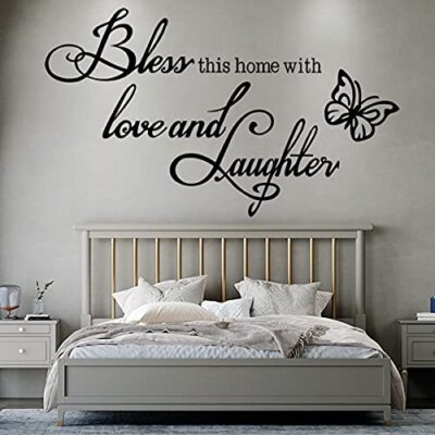 Bless This Home With Love and Laughter Bedroom Wall Decal – Elegant Script Vinyl Sticker